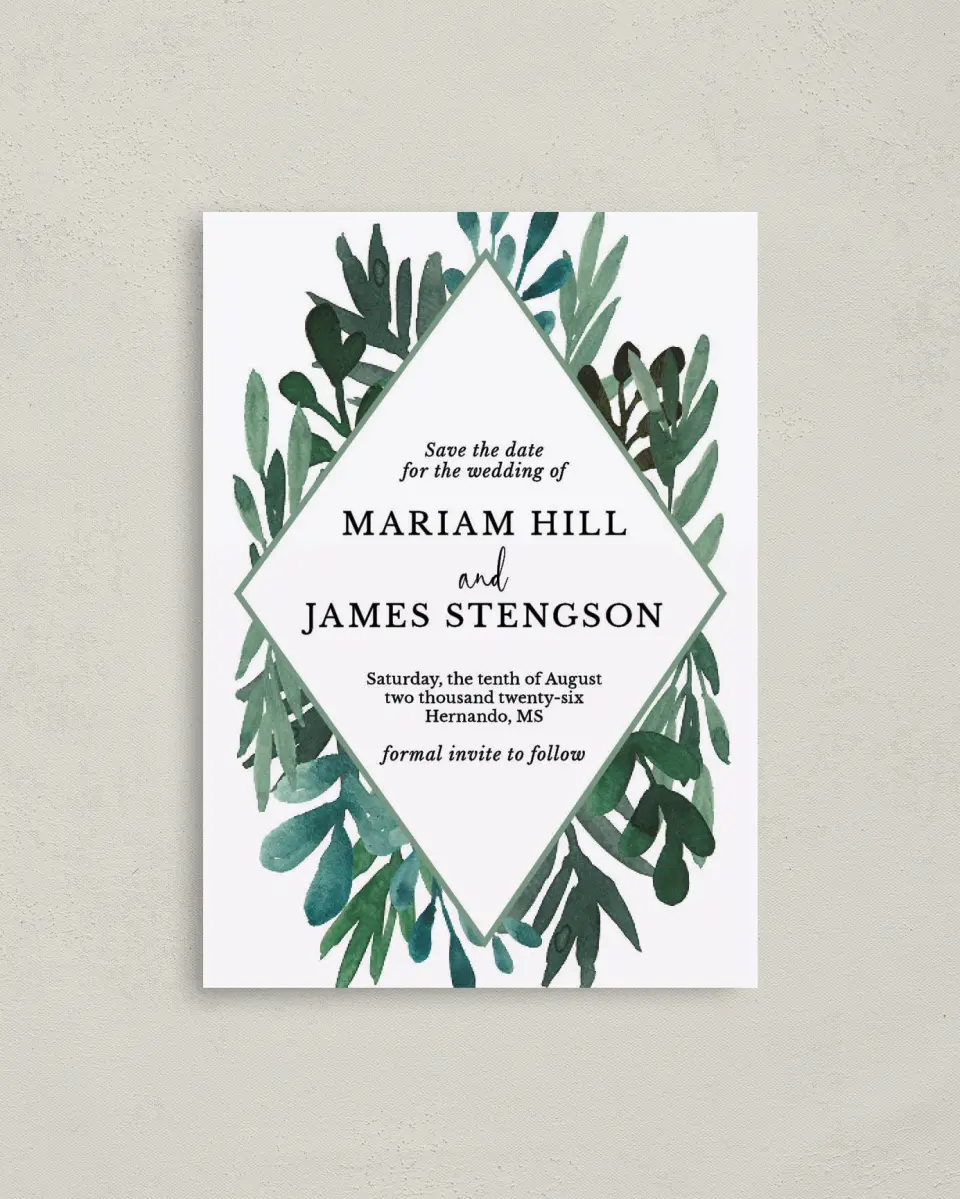 This is a 4" x 5.6" Save the Date Postcard called Breathtaking Boughs printed in full color on Soft Touch Finish paper