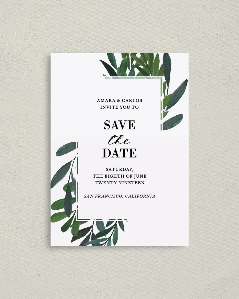 This is a 4" x 5.6" Save the Date Postcard called Painted Greens printed in full color on Soft Touch Finish paper