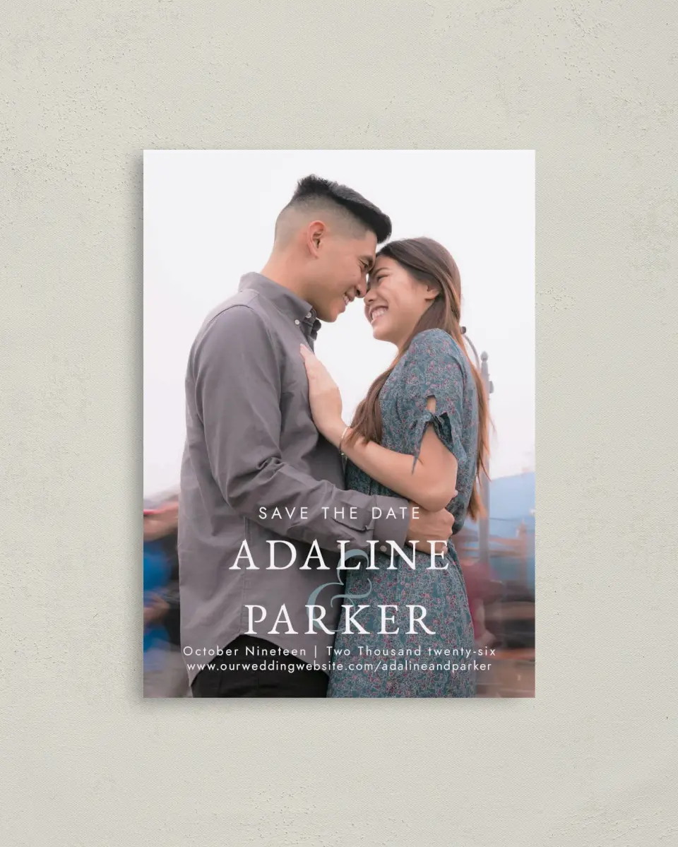 This is a 4" x 5.6" Save the Date Postcard called By My Side printed in full color with Rose Gold foil on Soft Touch Finish paper