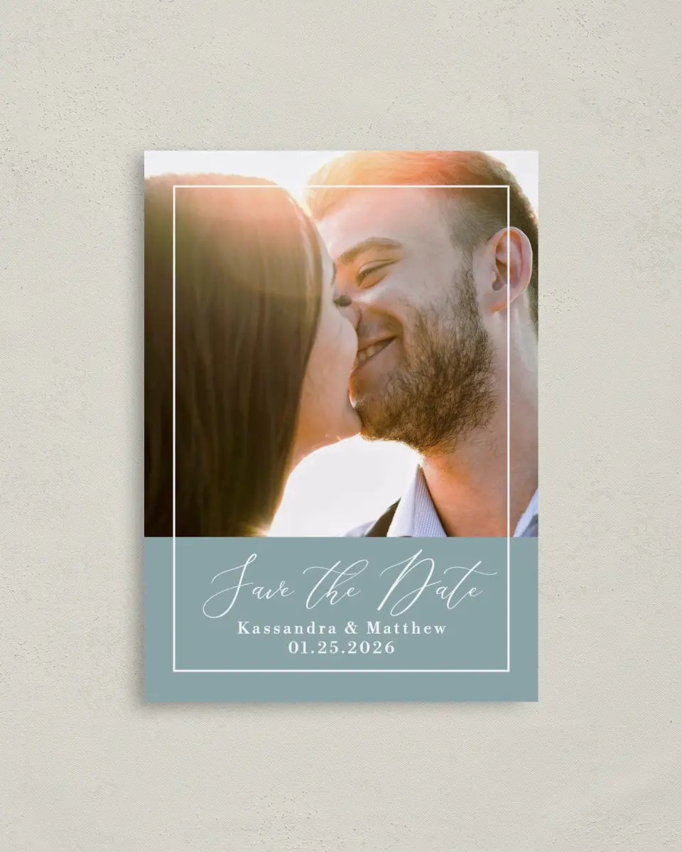 This is a 4" x 5.6" Save the Date Postcard called Eternal Love printed in full color on Soft Touch Finish paper