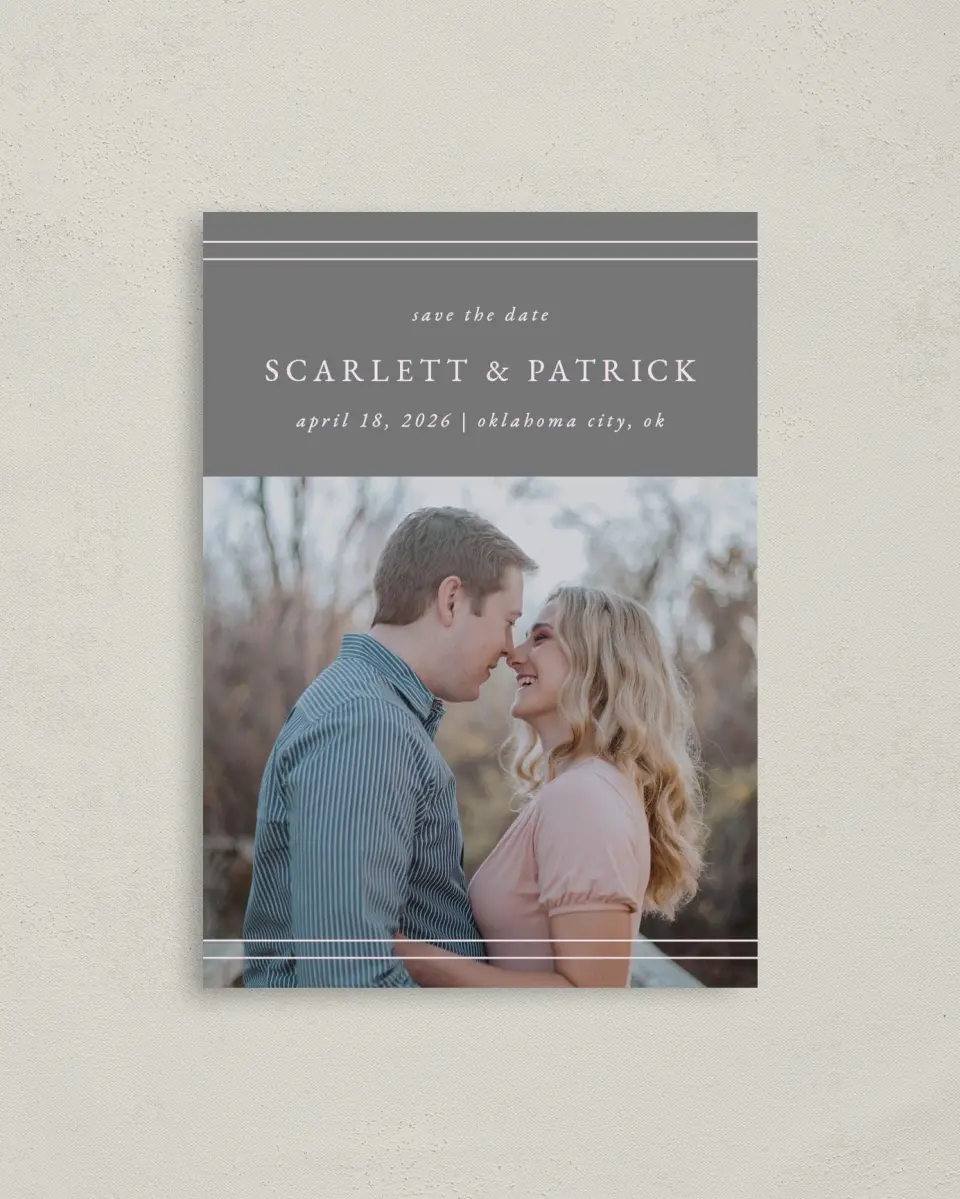 This is a 4" x 5.6" Save the Date Postcard called Harmonious Stripes printed in full color on Soft Touch Finish paper