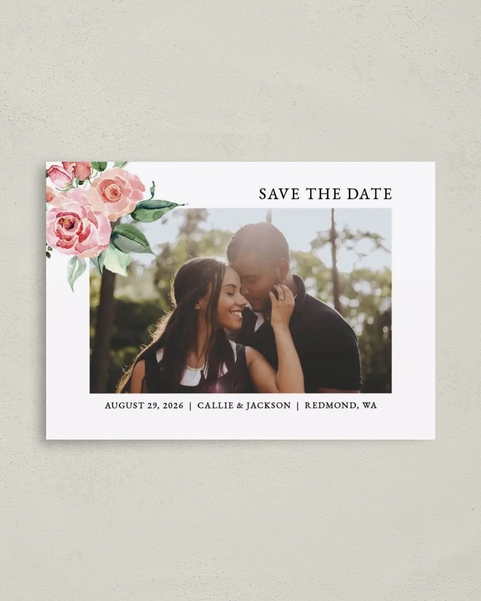 This is a 4" x 5.6" Save the Date Postcard called Garden Dream printed in full color on Soft Touch Finish paper