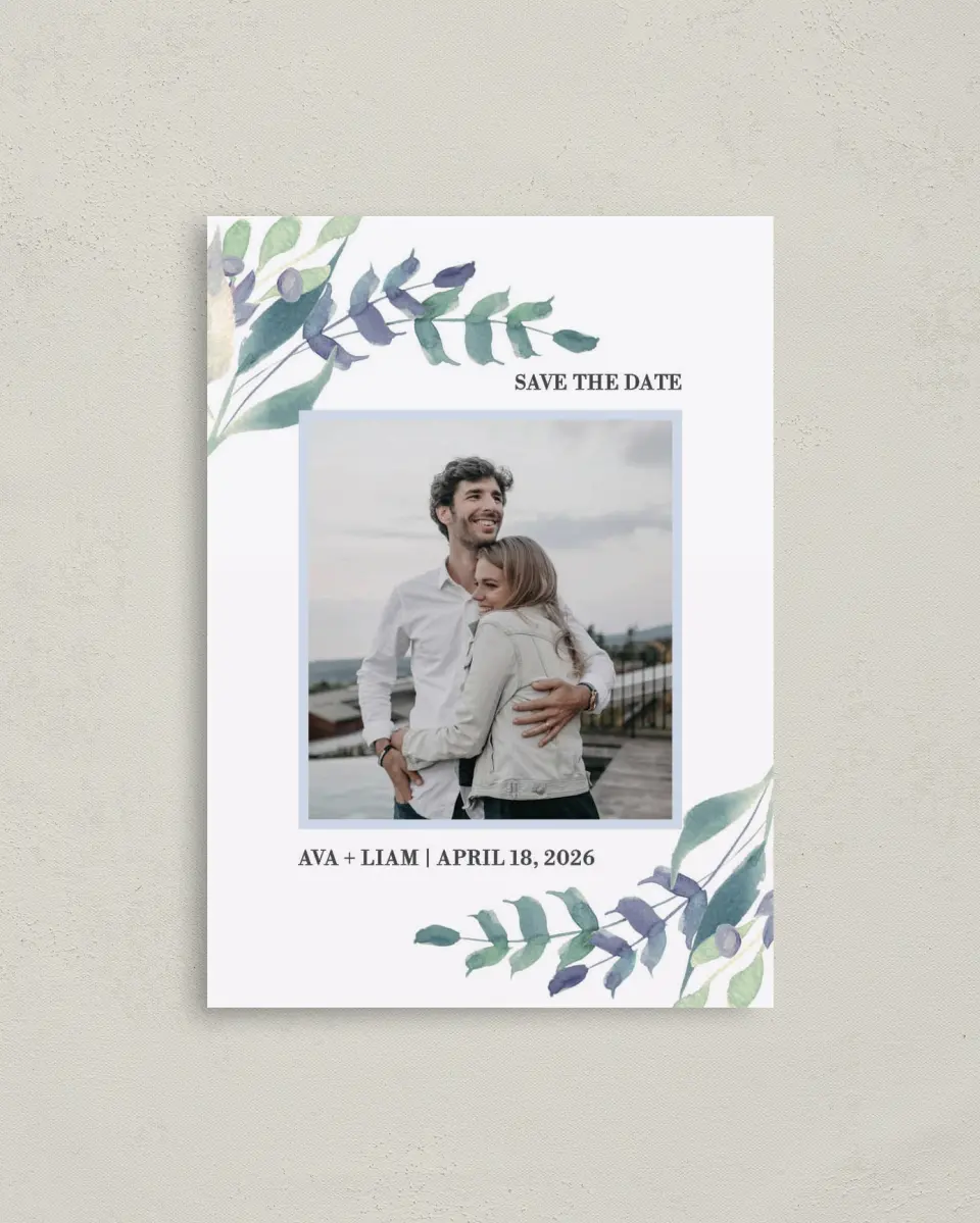 This is a 4" x 5.6" Save the Date Postcard called Glorious Crown printed in full color on Soft Touch Finish paper