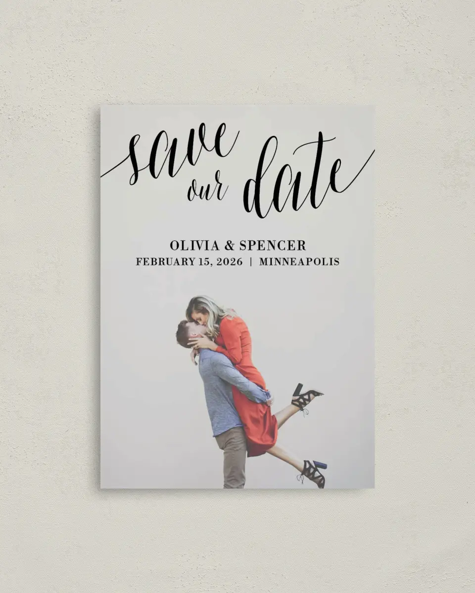 This is a 4" x 5.6" Save the Date Postcard called Marble Mystique printed in full color on Soft Touch Finish paper
