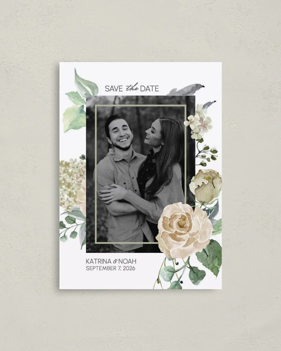 This is a 4" x 5.6" Save the Date Postcard called Divine Romance printed in full color on Soft Touch Finish paper