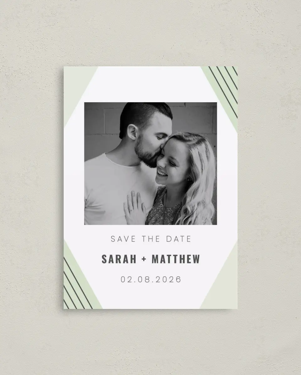 This is a 4" x 5.6" Save the Date Postcard called Geometric Weave printed in full color on Soft Touch Finish paper