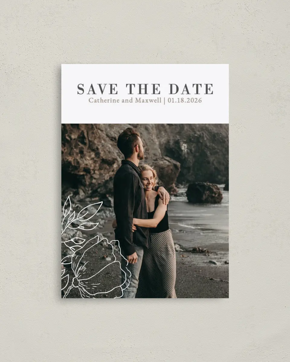 This is a 4" x 5.6" Save the Date Postcard called Delicate Splendor printed in full color on Soft Touch Finish paper