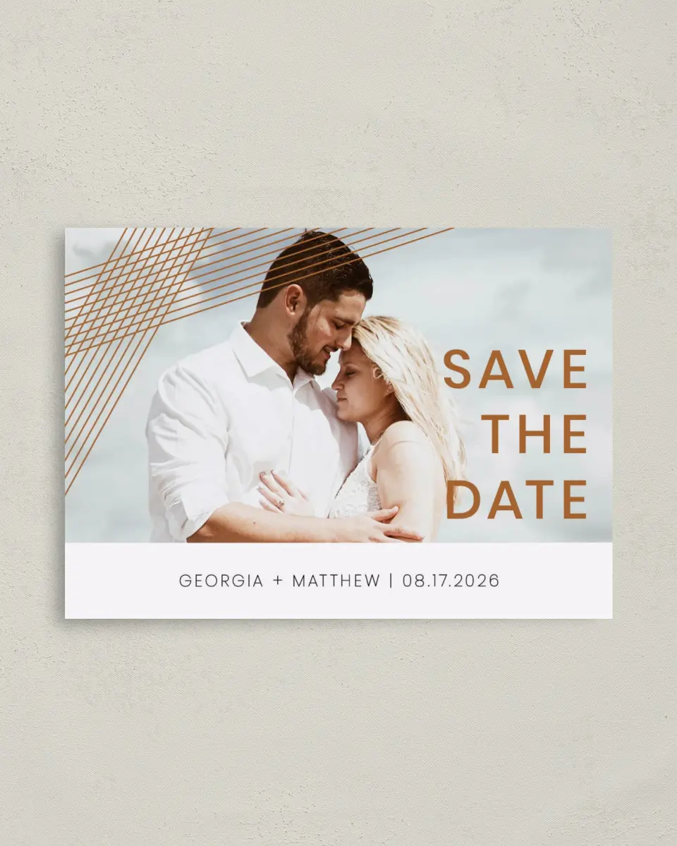 This is a 4" x 5.6" Save the Date Postcard called Dashing Strands printed in full color on Soft Touch Finish paper