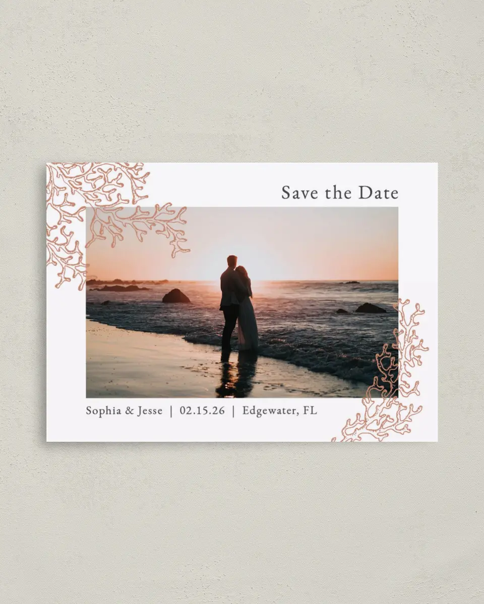 This is a 4" x 5.6" Save the Date Postcard called Tropical Heaven printed in full color on Soft Touch Finish paper