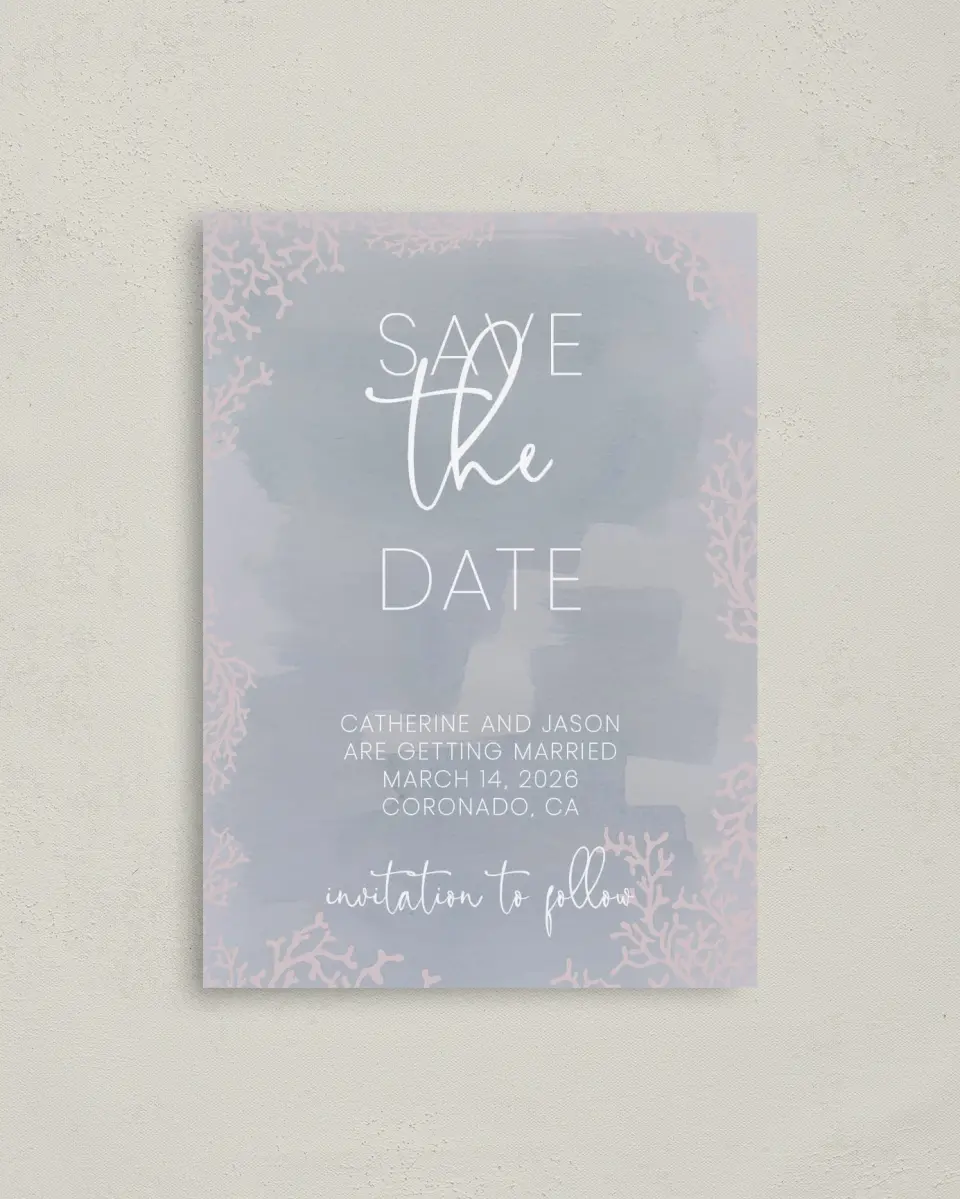 This is a 4" x 5.6" Save the Date Postcard called Enchanting Sea printed in full color on Soft Touch Finish paper