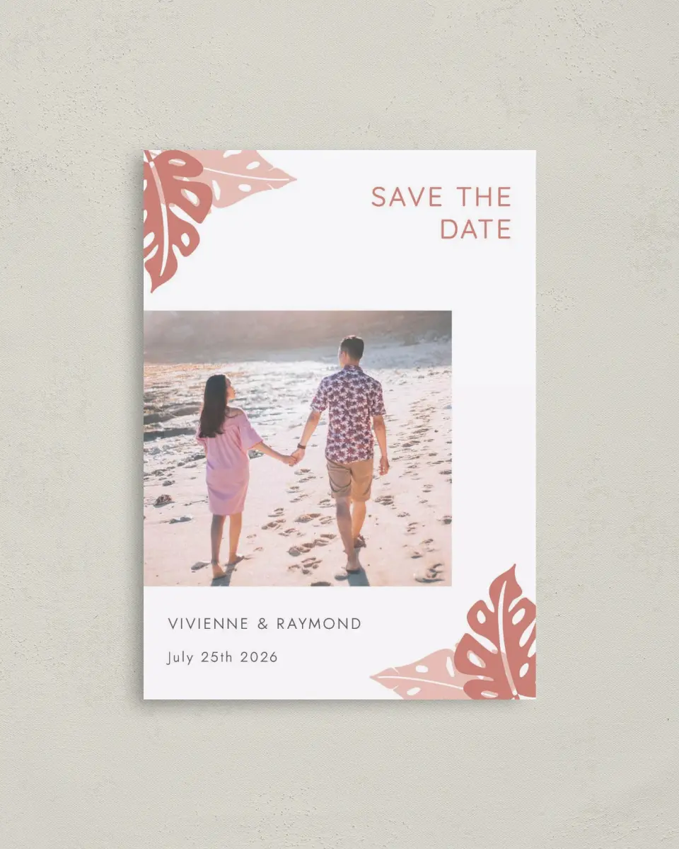This is a 4" x 5.6" Save the Date Postcard called Tropical Palms printed in full color on Soft Touch Finish paper