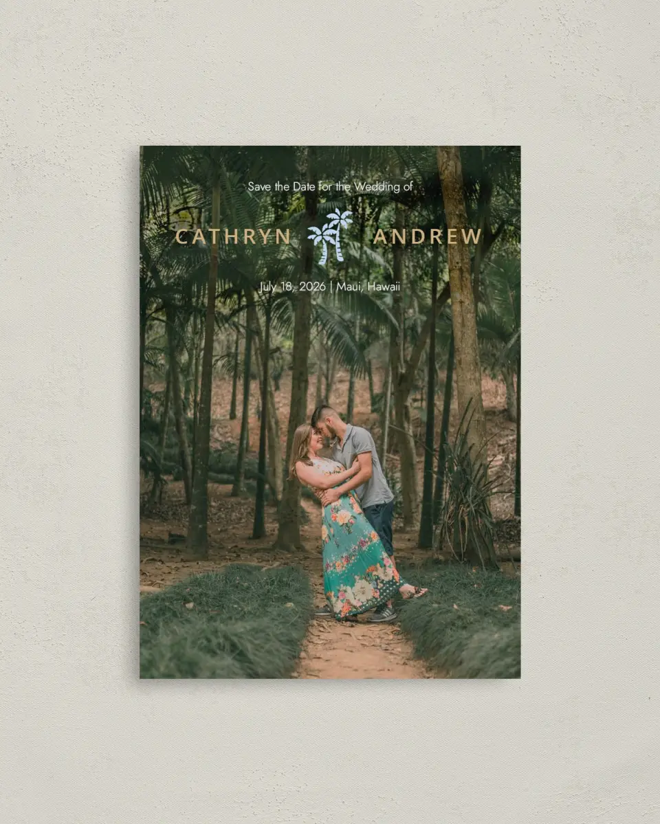 This is a 4" x 5.6" Save the Date Postcard called Stamped Palms printed in full color on Soft Touch Finish paper