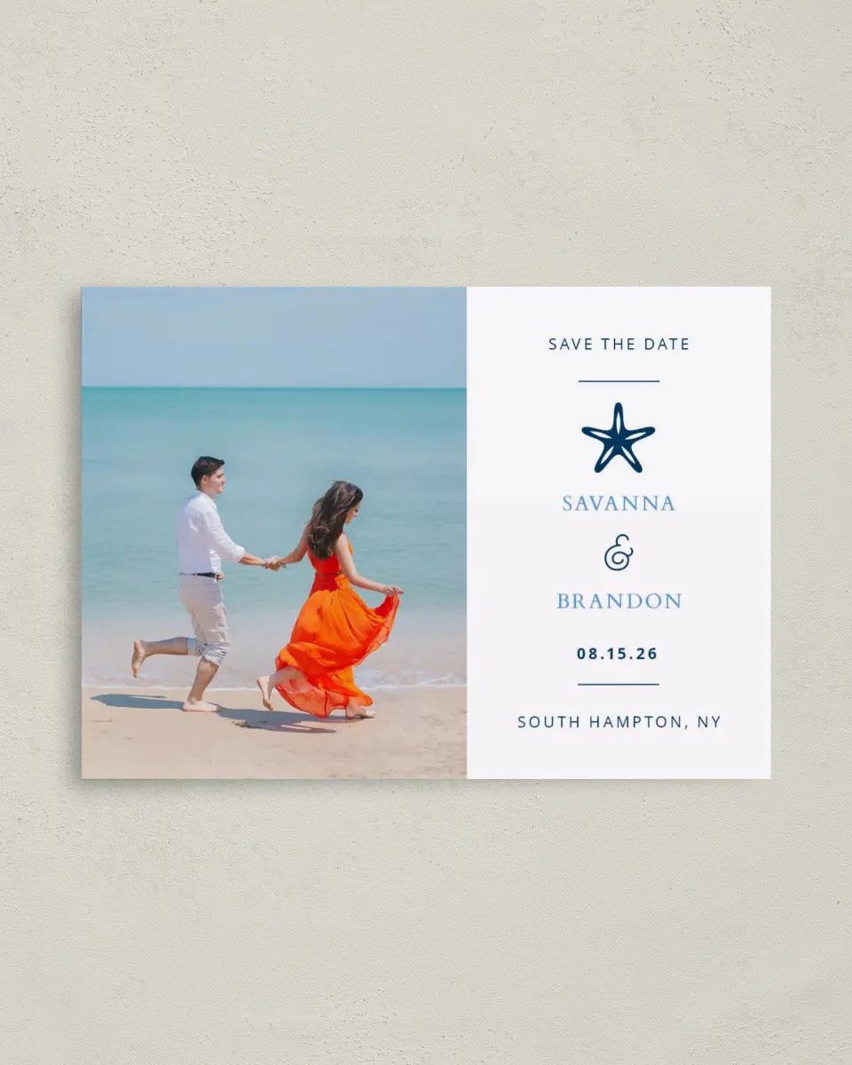 This is a 4" x 5.6" Save the Date Postcard called Beachcomber printed in full color on Soft Touch Finish paper