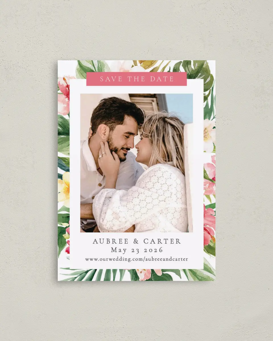 This is a 4" x 5.6" Save the Date Postcard called Paradise of Love printed in full color on Soft Touch Finish paper