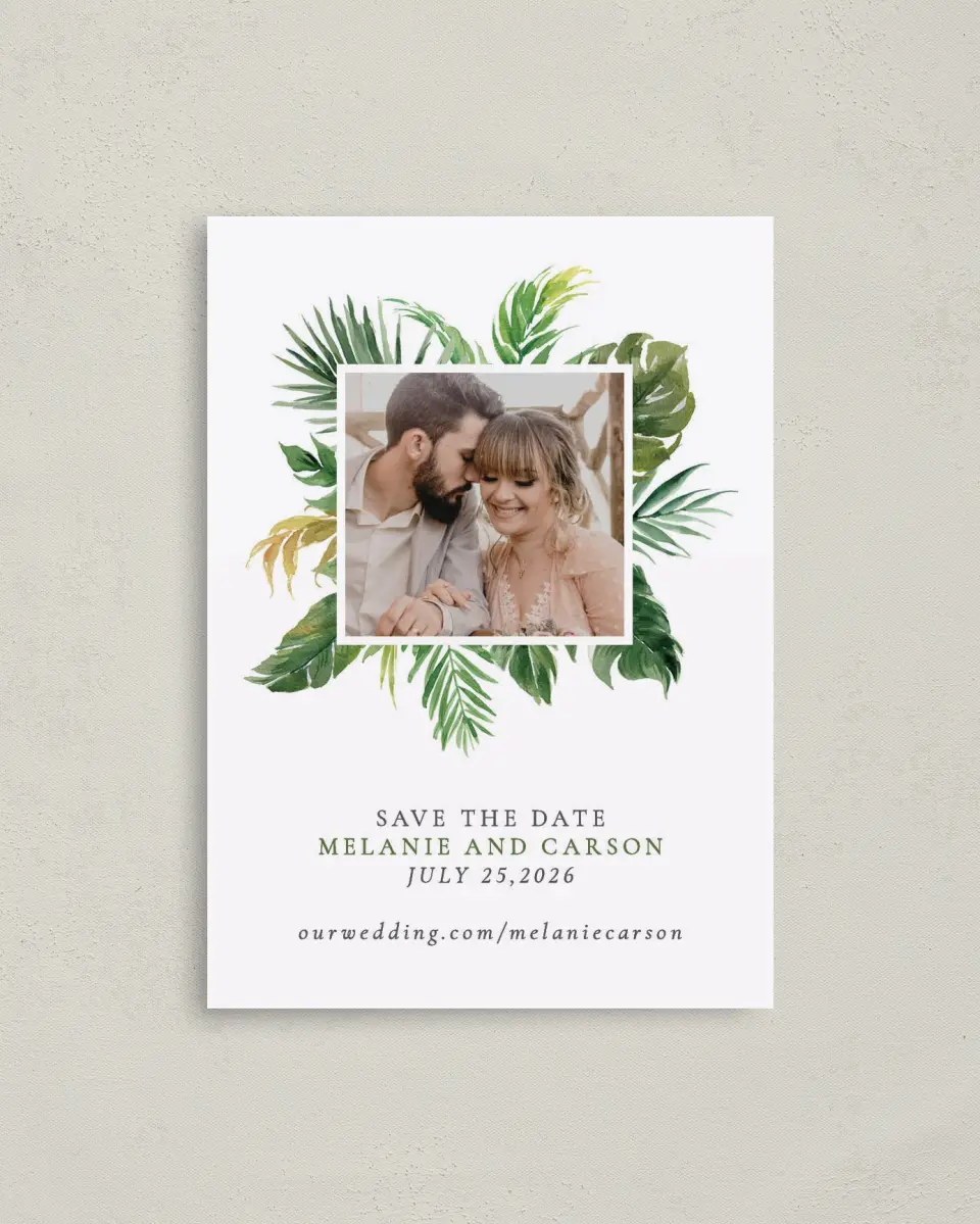 This is a 4" x 5.6" Save the Date Postcard called Beach Palms printed in full color with Rose Gold foil on Soft Touch Finish paper