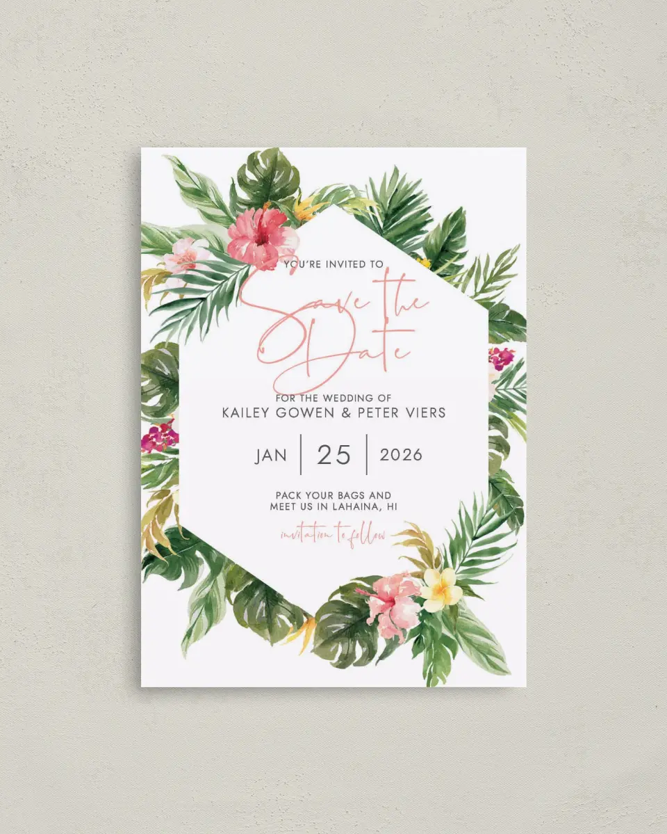 This is a 4" x 5.6" Save the Date Postcard called Perfect Paradise printed in full color on Soft Touch Finish paper