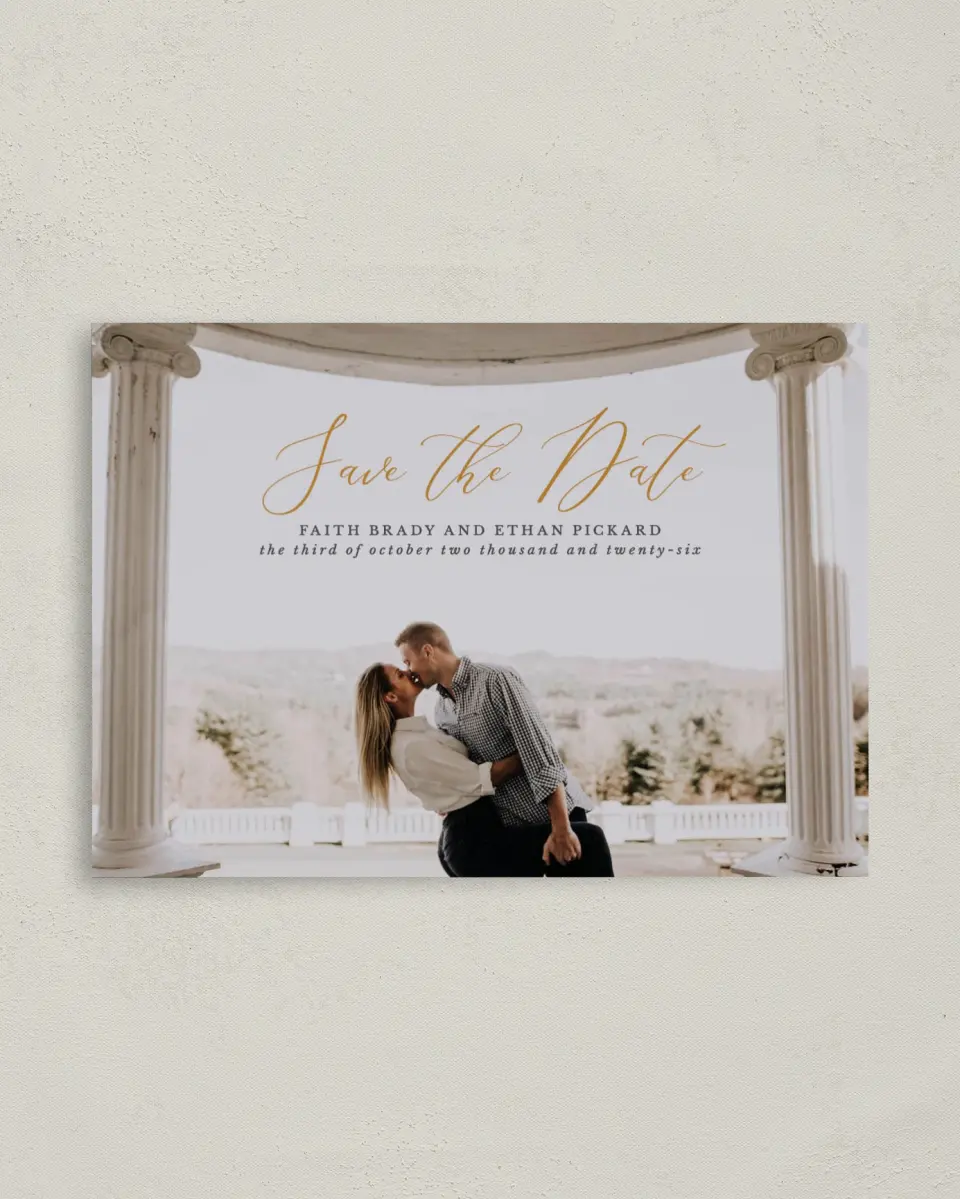 This is a 4" x 5.6" Save the Date Postcard called Beloved Crest printed in full color on Soft Touch Finish paper