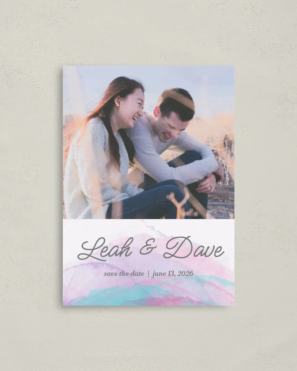 This is a 4" x 5.6" Save the Date Postcard called Joyful Enchantment printed in full color on Soft Touch Finish paper