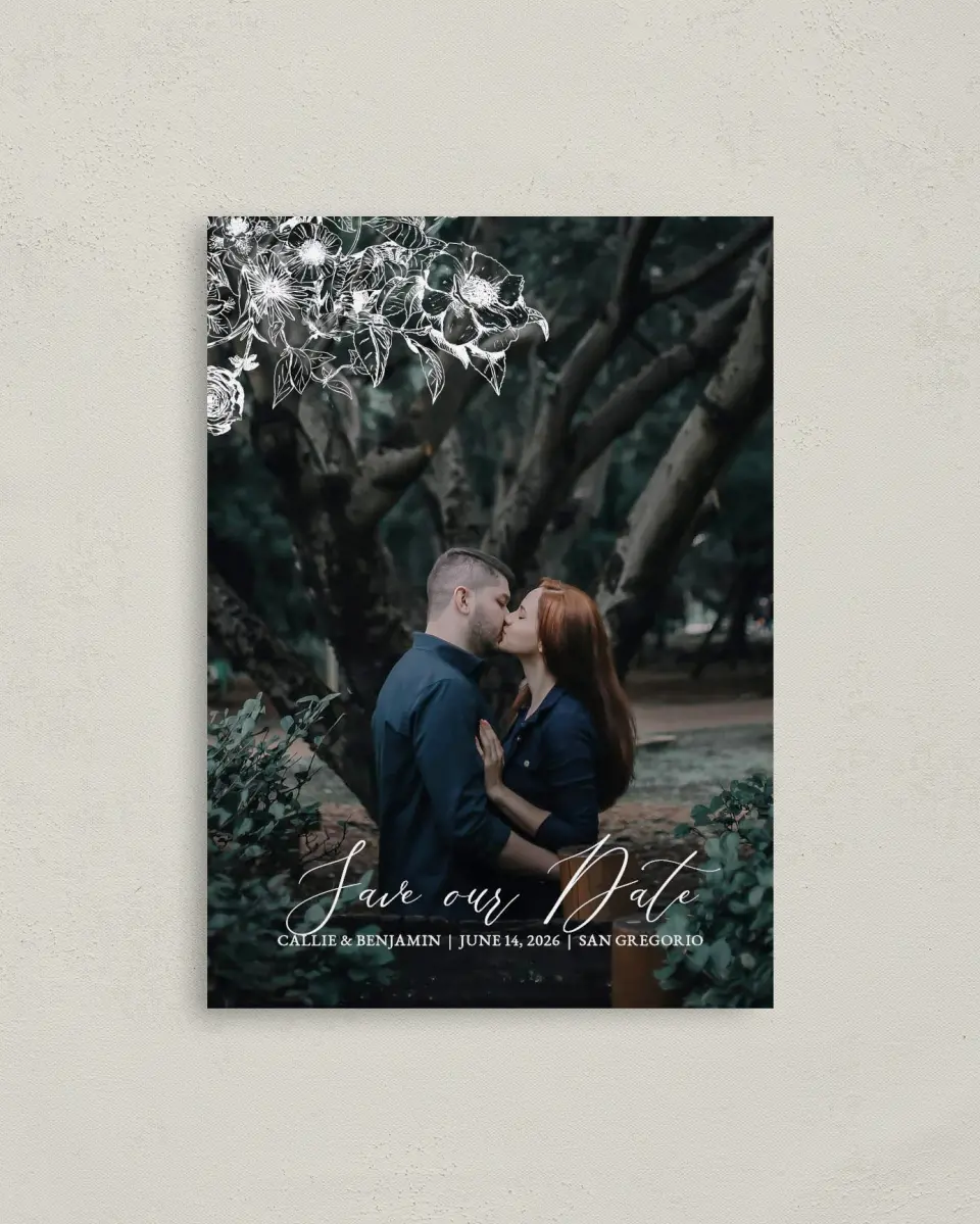 This is a 4" x 5.6" Save the Date Postcard called Gentle Bouquet printed in full color on Soft Touch Finish paper