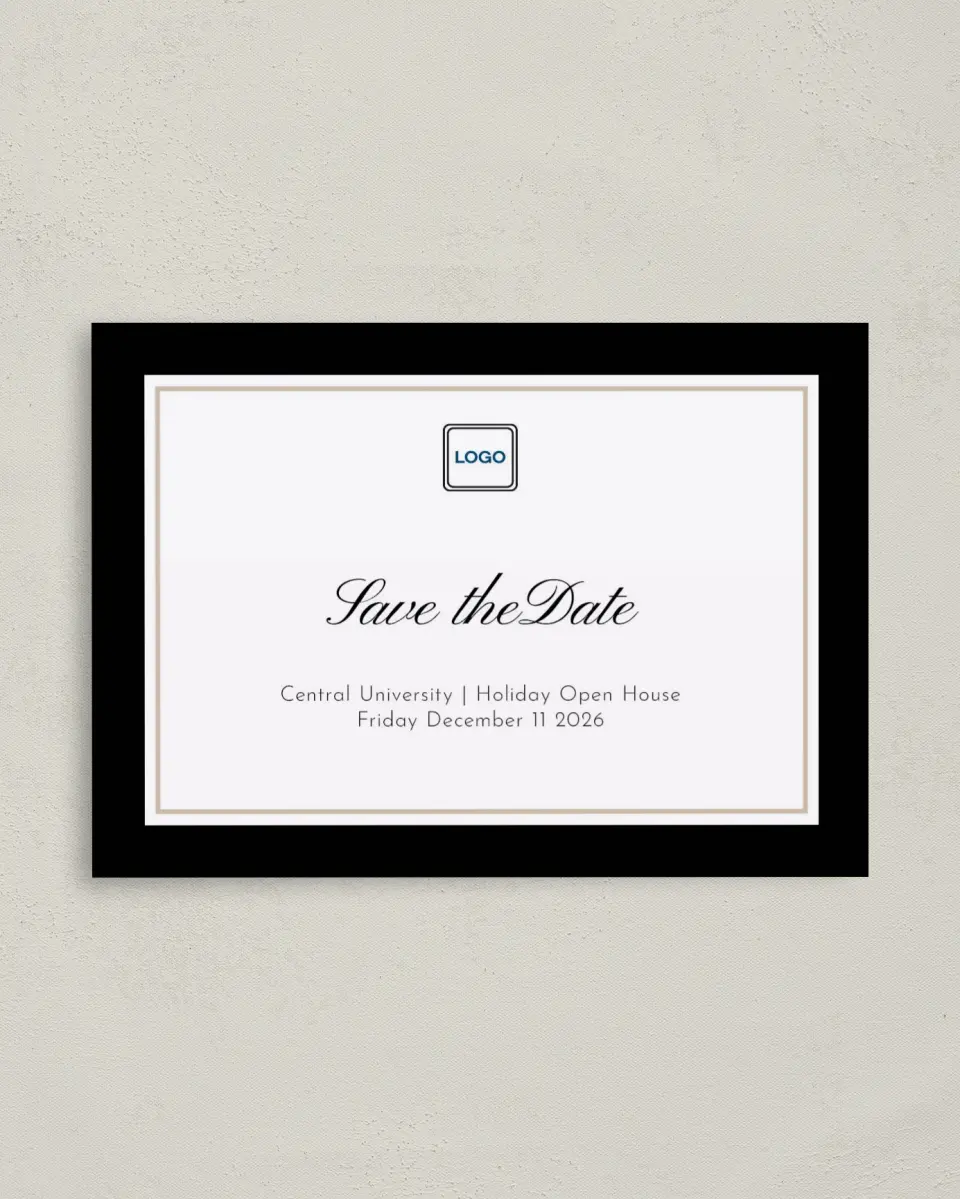 This is a 4" x 5.6" Gala Save the Date Postcard called Scripted Holiday Event printed in full color on Soft Touch Finish paper