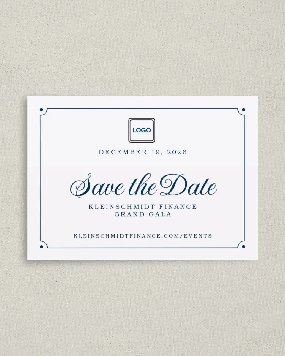 This is a 4" x 5.6" Gala Save the Date Postcard called Grand Gala printed in full color on Soft Touch Finish paper