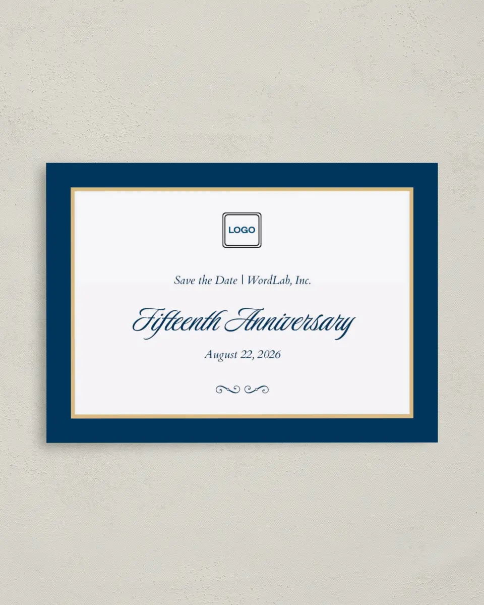 This is a 4" x 5.6" Gala Save the Date Postcard called Corporate Milestone printed in full color on Soft Touch Finish paper