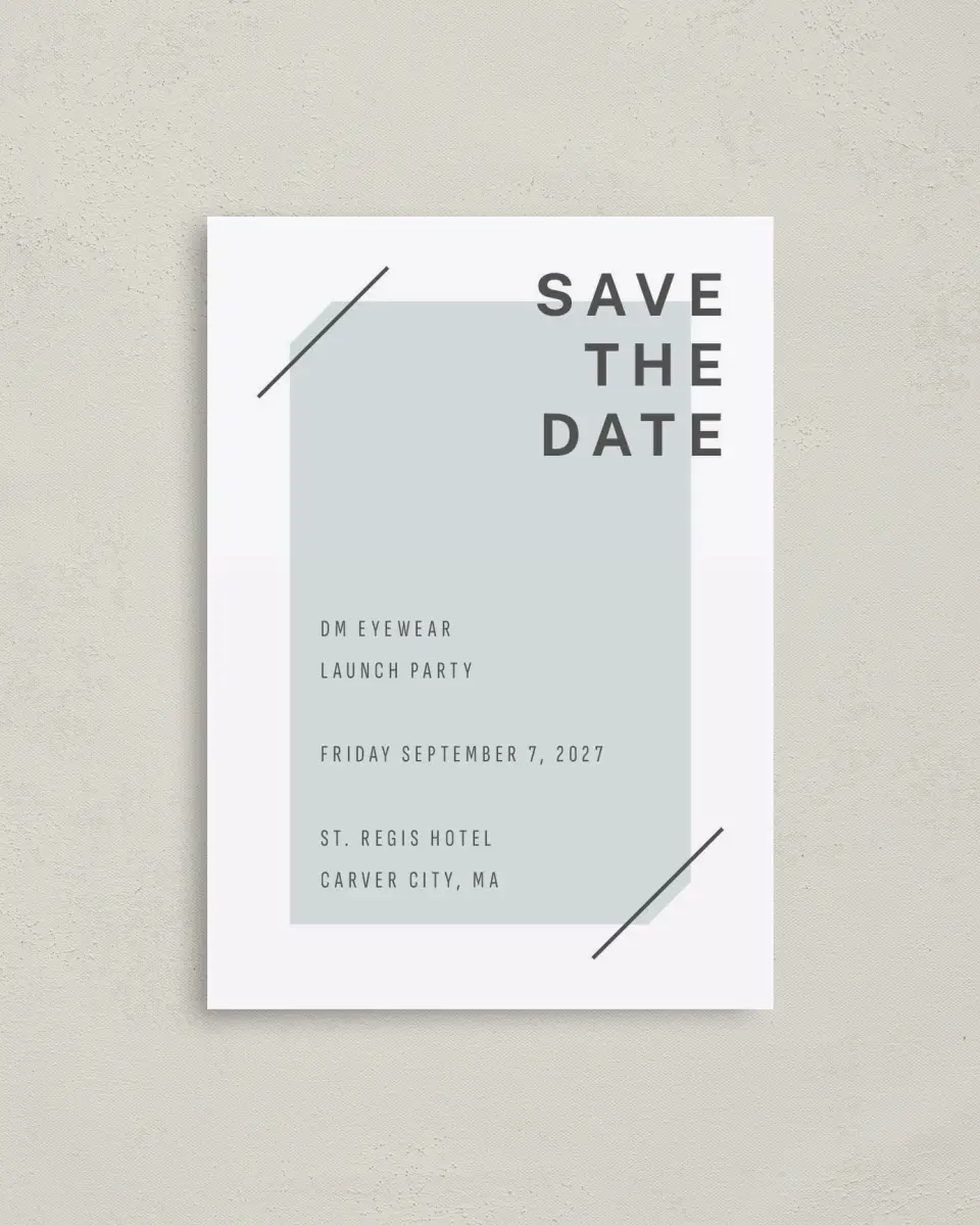 This is a 4" x 5.6" Gala Save the Date Postcard called On the Scene printed in full color on Soft Touch Finish paper