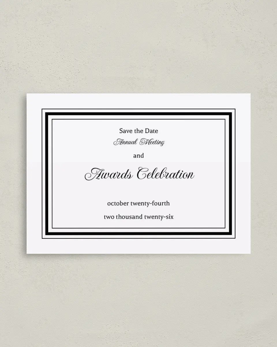 This is a 4" x 5.6" Gala Save the Date Postcard called Formally Framed printed in full color on Soft Touch Finish paper