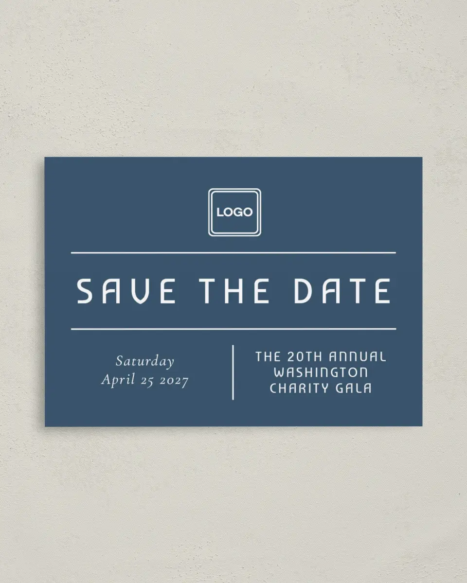 This is a 4" x 5.6" Gala Save the Date Postcard called Gracious Gala printed in full color on Soft Touch Finish paper