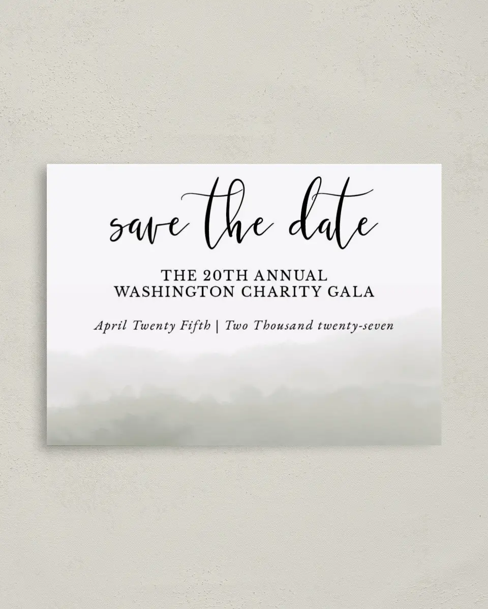 This is a 4" x 5.6" Gala Save the Date Postcard called Night of Giving printed in full color on Soft Touch Finish paper