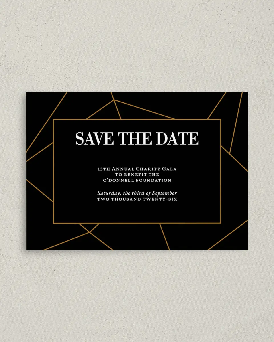 This is a 4" x 5.6" Gala Save the Date Postcard called Black Tie Affair printed in full color on Soft Touch Finish paper