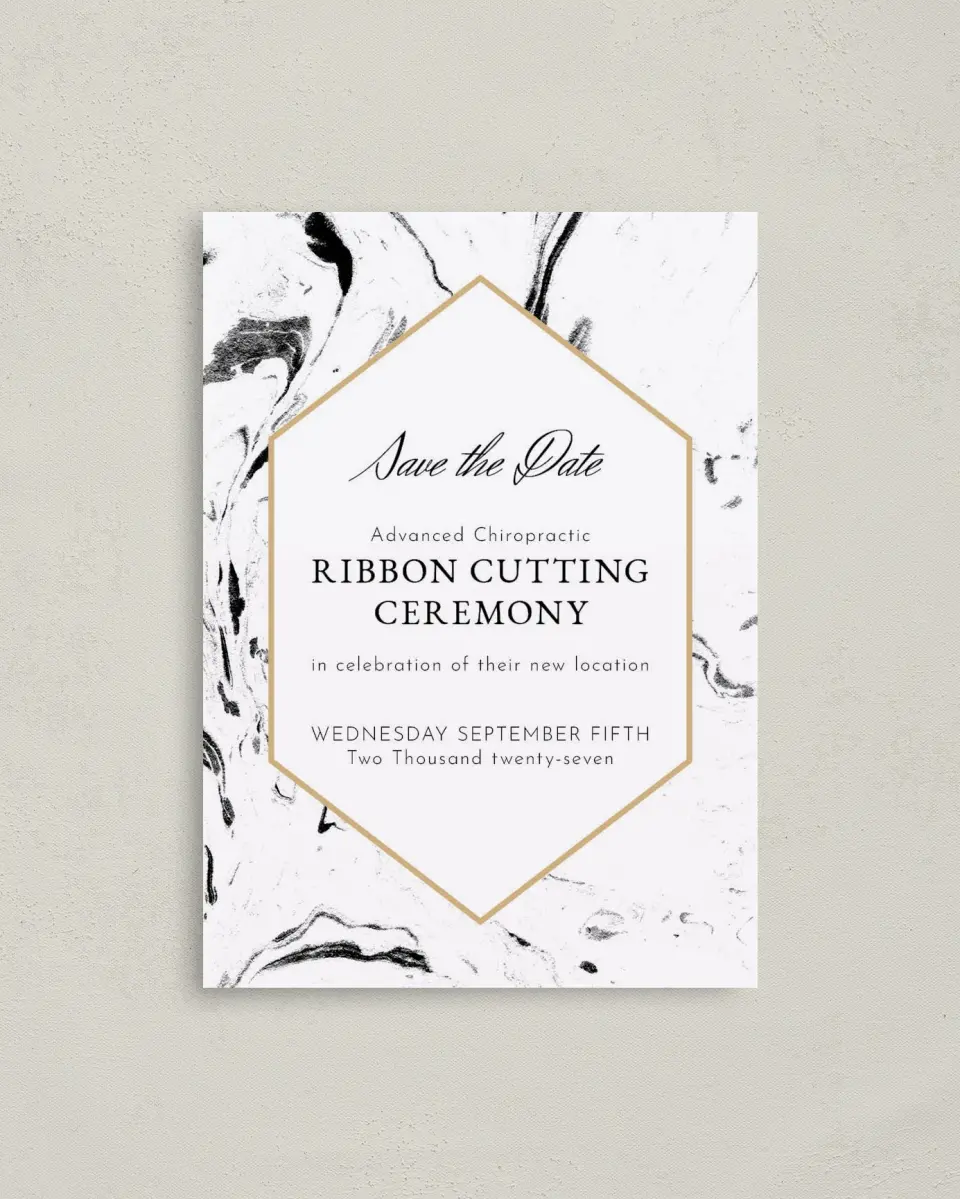 This is a 4" x 5.6" Gala Save the Date Postcard called Cut the Ribbon printed in full color on Soft Touch Finish paper