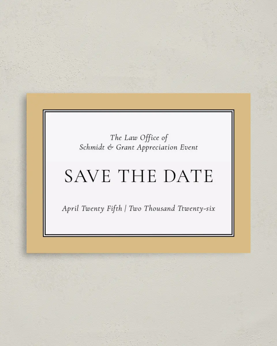 This is a 4" x 5.6" Gala Save the Date Postcard called Evening Celebration printed in full color on Soft Touch Finish paper