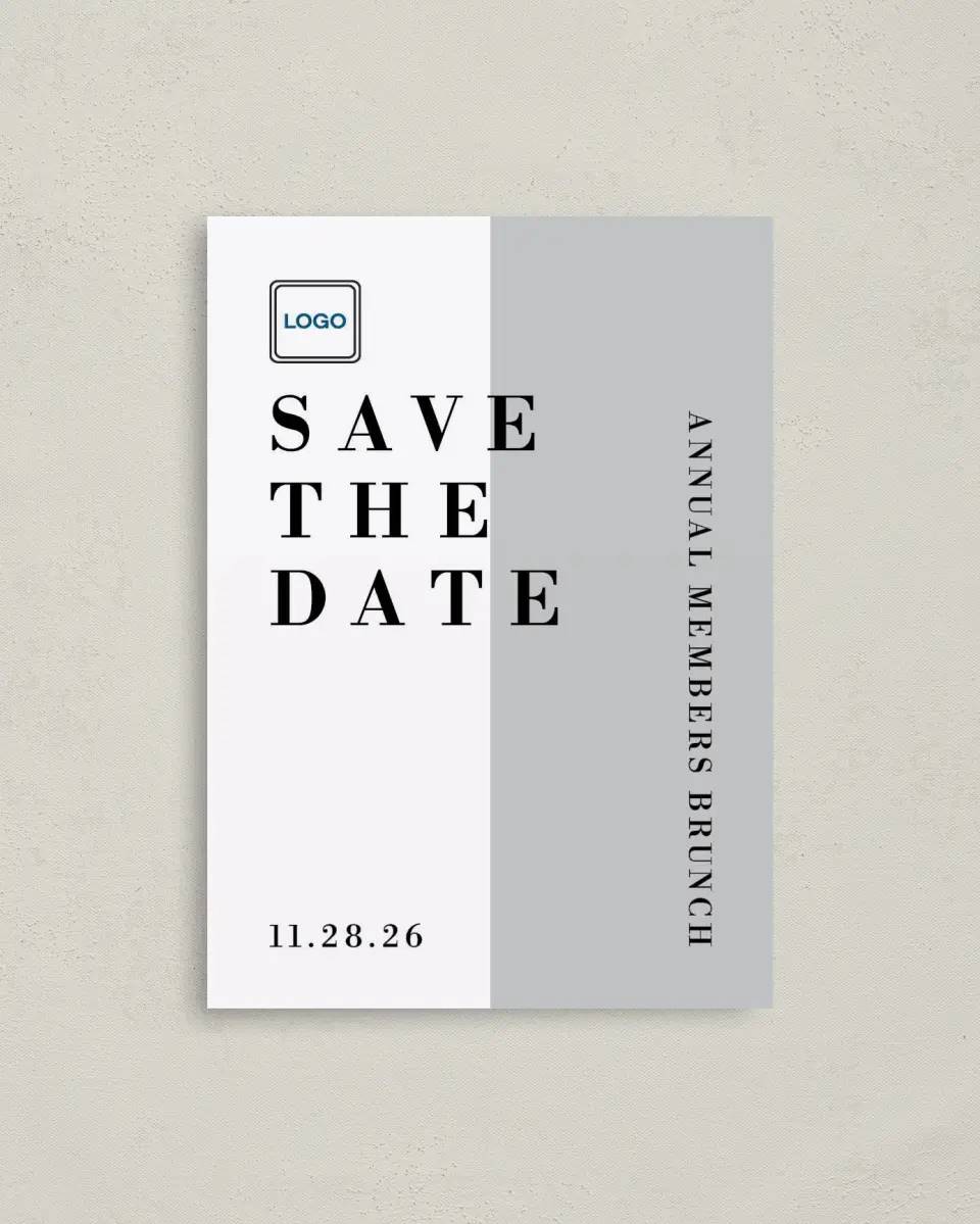 This is a 4" x 5.6" Gala Save the Date Postcard called Be Square printed in full color on Soft Touch Finish paper