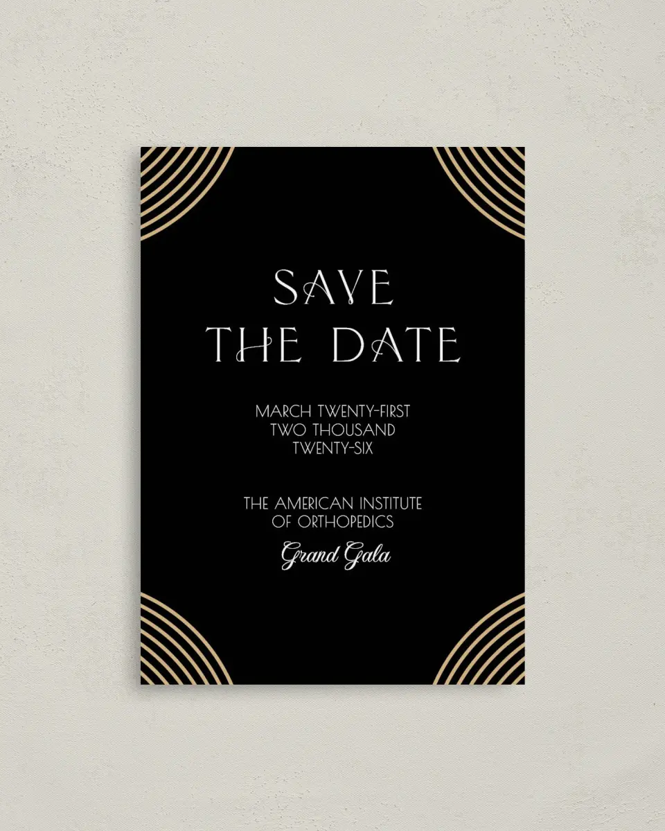 This is a 4" x 5.6" Gala Save the Date Postcard called Golden Gala printed in full color on Soft Touch Finish paper