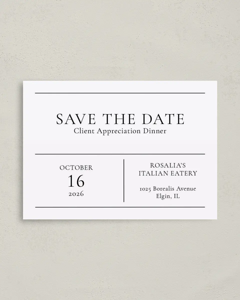 This is a 4" x 5.6" Gala Save the Date Postcard called Simply Appreciated printed in full color on Soft Touch Finish paper