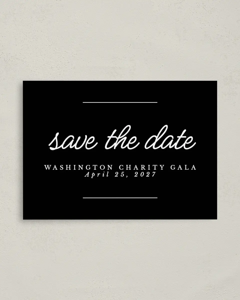 This is a 4" x 5.6" Gala Save the Date Postcard called Classic Charity Gala printed in full color on Soft Touch Finish paper