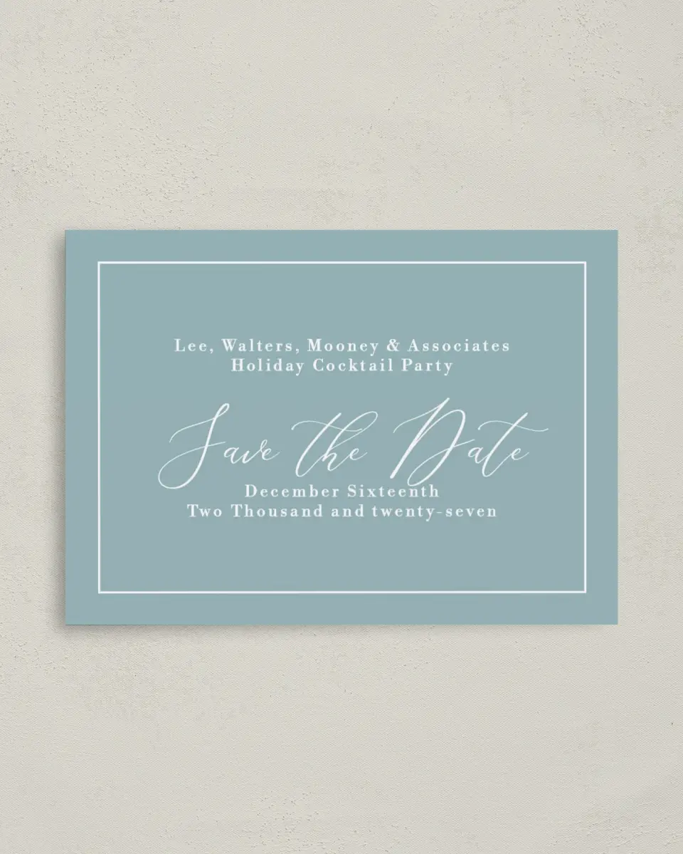 This is a 4" x 5.6" Gala Save the Date Postcard called Formal Holiday Party printed in full color on Soft Touch Finish paper