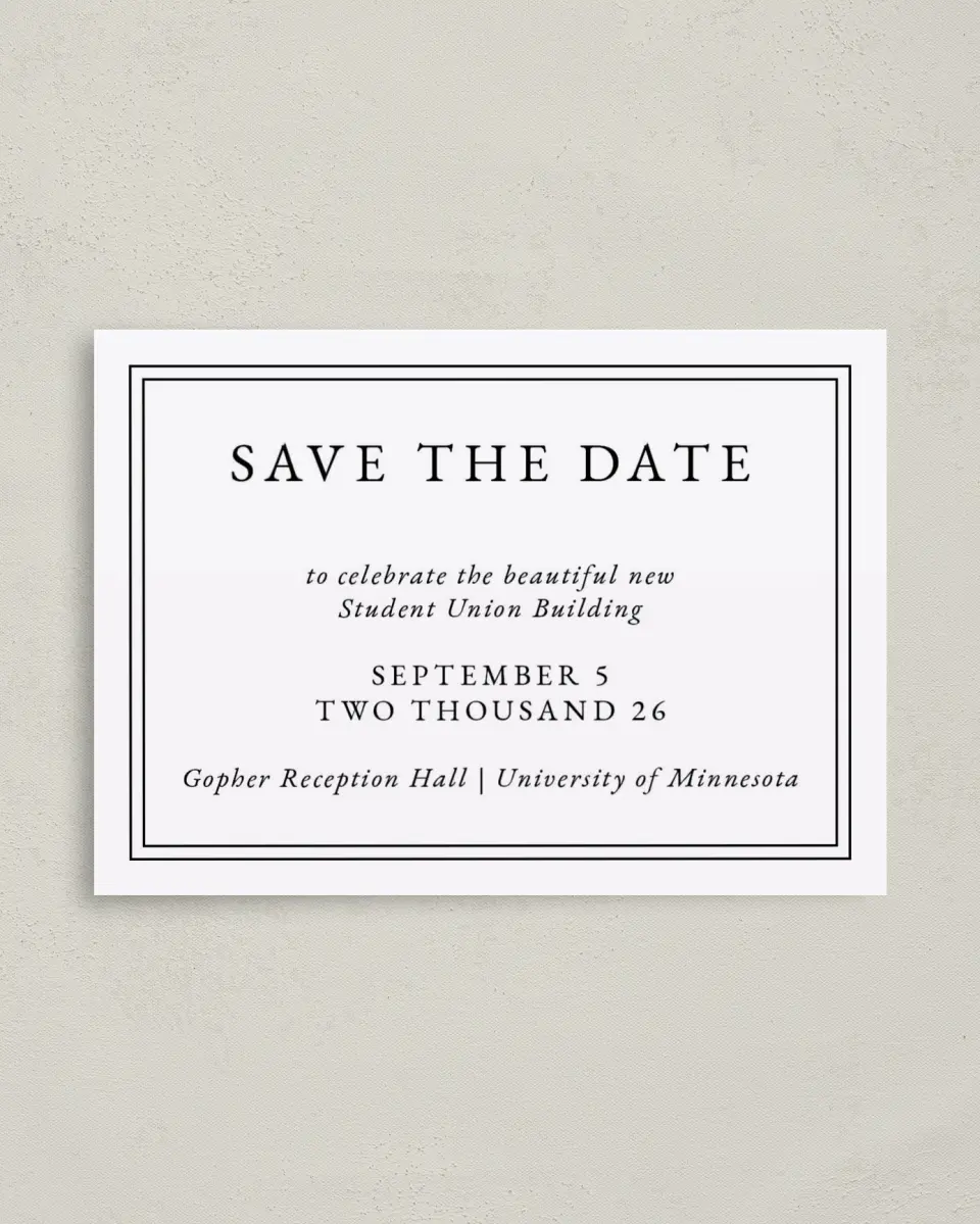 This is a 4" x 5.6" Gala Save the Date Postcard called The Great Debut printed in full color on Soft Touch Finish paper