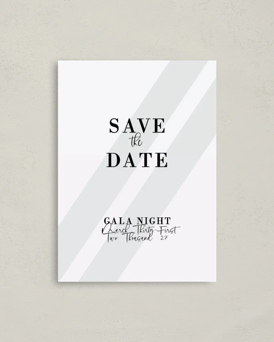 This is a 4" x 5.6" Gala Save the Date Postcard called Glamorous Gala printed in full color on Soft Touch Finish paper
