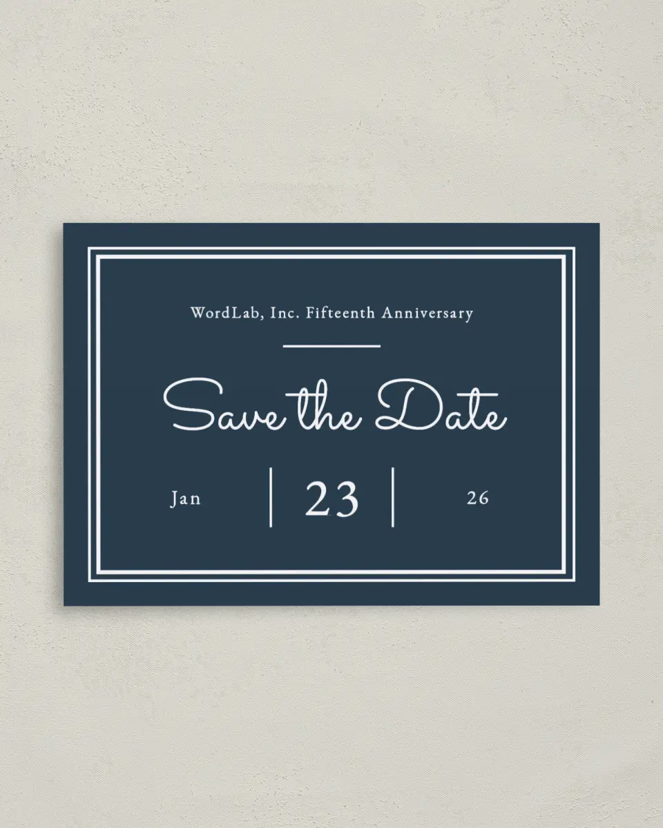 This is a 4" x 5.6" Gala Save the Date Postcard called Anniversary Luncheon printed in full color on Soft Touch Finish paper