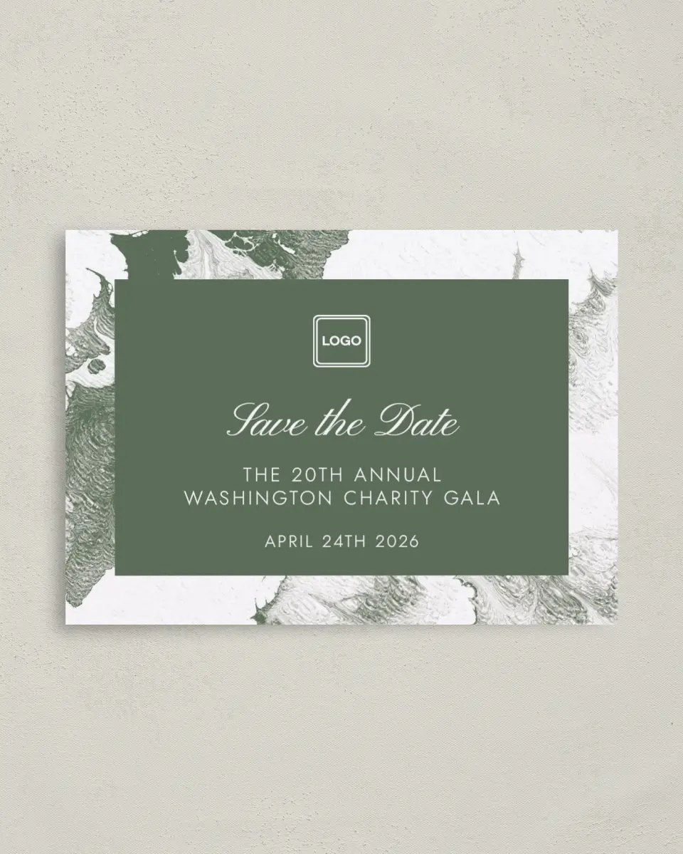 This is a 4" x 5.6" Gala Save the Date Postcard called Grand Occasion printed in full color on Soft Touch Finish paper