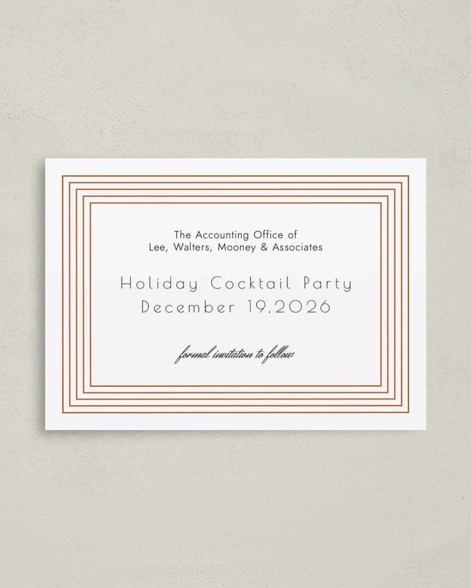 This is a 4" x 5.6" Gala Save the Date Postcard called Elegant Banquet printed in full color on Soft Touch Finish paper