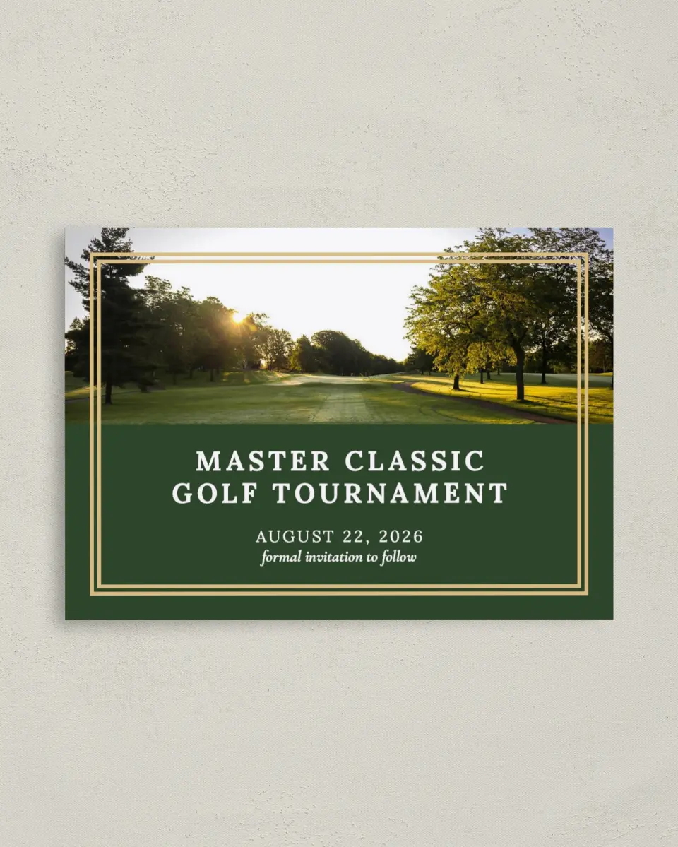This is a 4" x 5.6" Gala Save the Date Postcard called Classic Tournament printed in full color on Soft Touch Finish paper