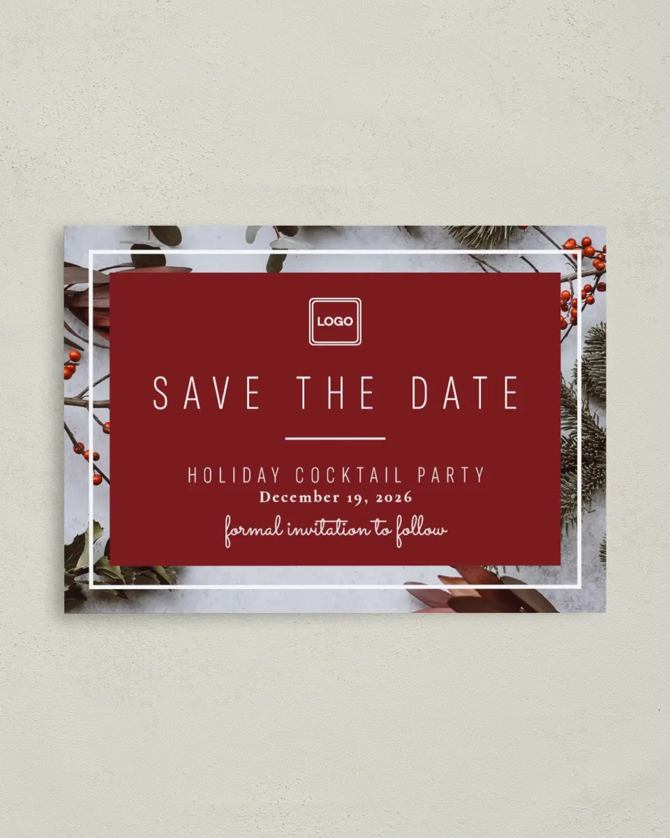 This is a 4" x 5.6" Gala Save the Date Postcard called Holiday Party printed in full color on Soft Touch Finish paper