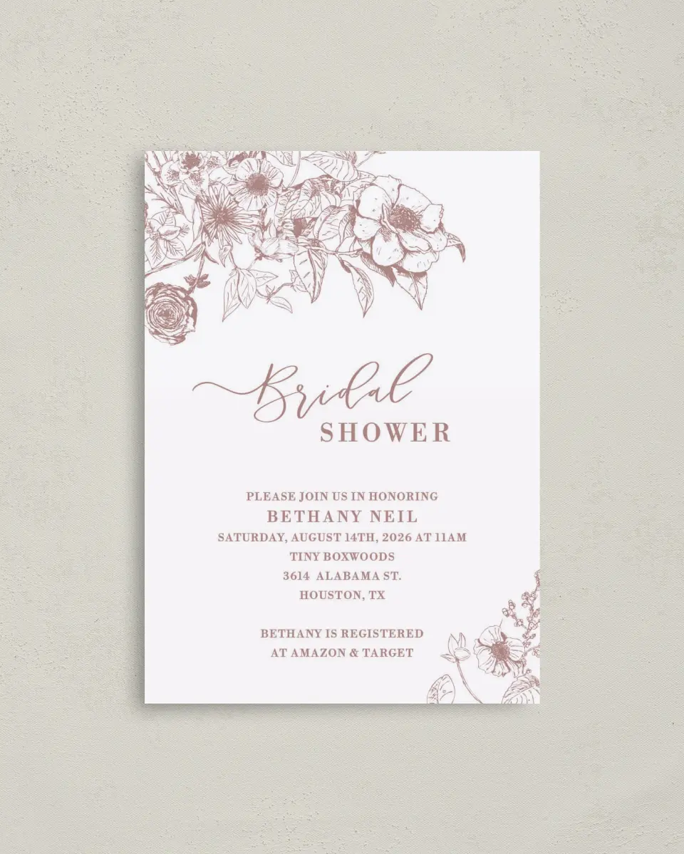 This is a 4" x 5.6" Bridal Shower Invitation Postcard called Spring Floral printed in full color on Soft Touch Finish paper