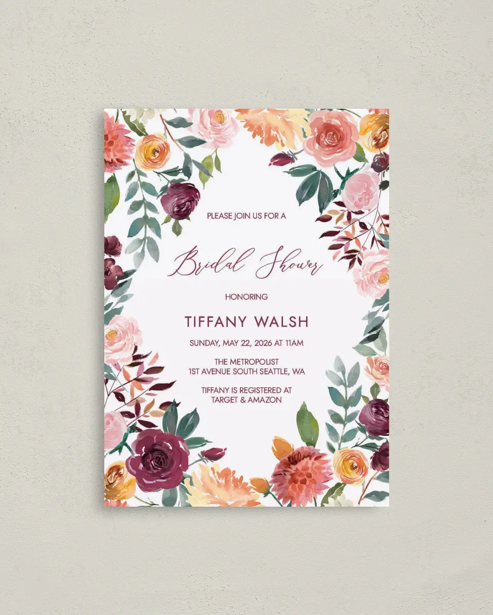 This is a 4" x 5.6" Bridal Shower Invitation Postcard called Bouquet Bliss printed in full color with Gold foil on Soft Touch Finish paper
