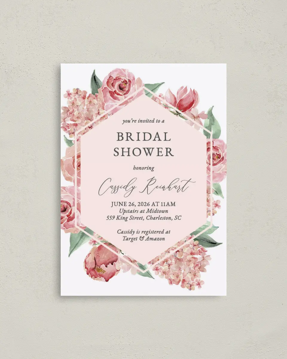 This is a 4" x 5.6" Bridal Shower Invitation Postcard called Floral Elegance printed in full color on Soft Touch Finish paper