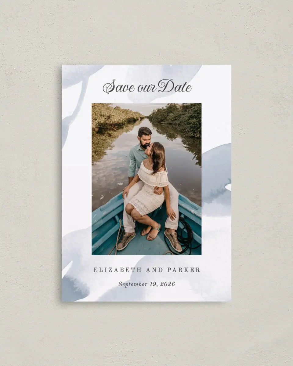 This is a 4" x 5.6" Save the Date Postcard called Painted Majesty printed in full color on Soft Touch Finish paper