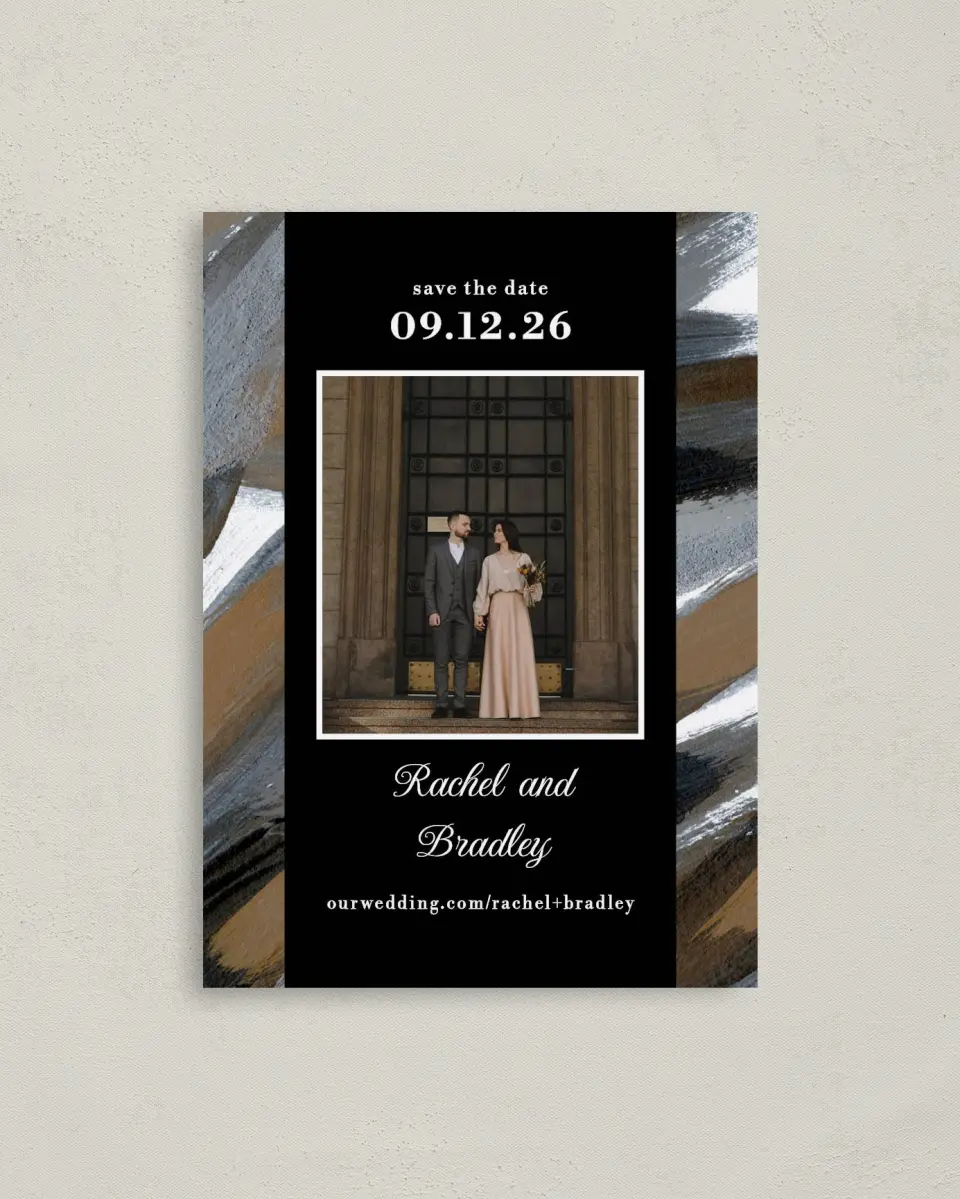This is a 4" x 5.6" Save the Date Postcard called Moody Swashes printed in full color on Soft Touch Finish paper